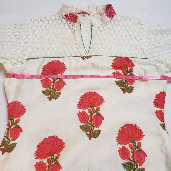 Womens Cream Kurta Top Large Lace Floral Embroidered Bohemian Straight Tunic - Picture 3 of 16